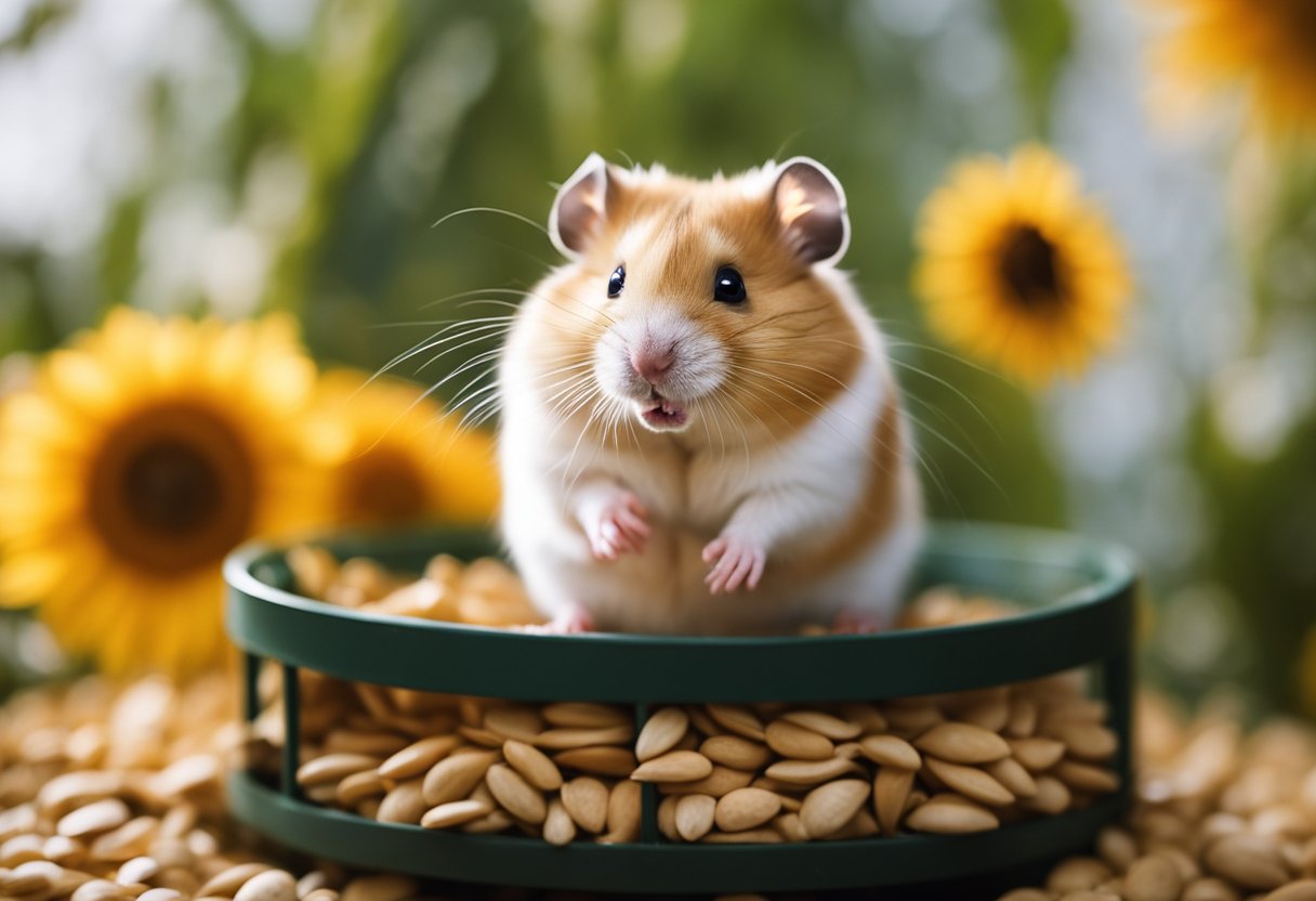 A hamster sits in a cozy, wheel-filled cage, munching on a sunflower seed. It has round, black eyes and soft, golden fur with white markings. It's small, with a plump body and short legs, and its