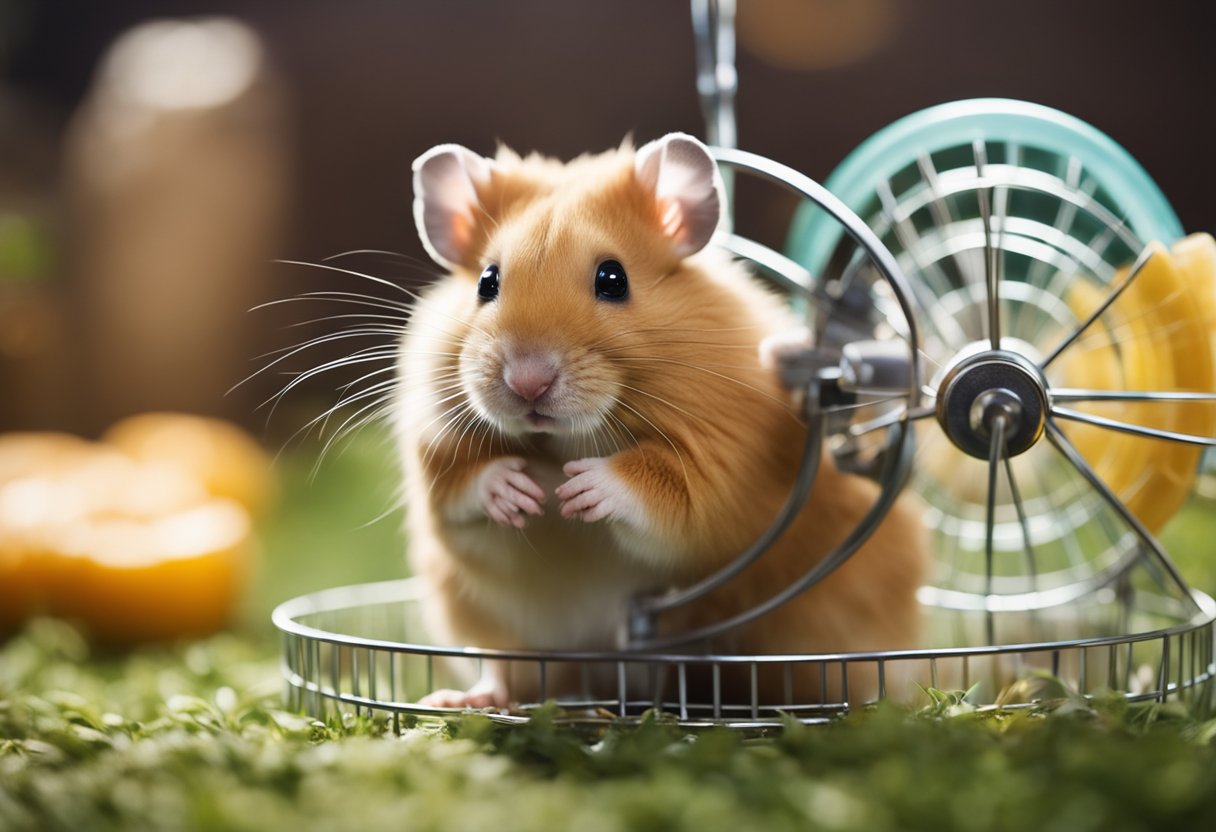 A hamster sits in a cozy cage with a spinning wheel, food dish, and water bottle. Its fluffy fur and round cheeks make it look adorable
