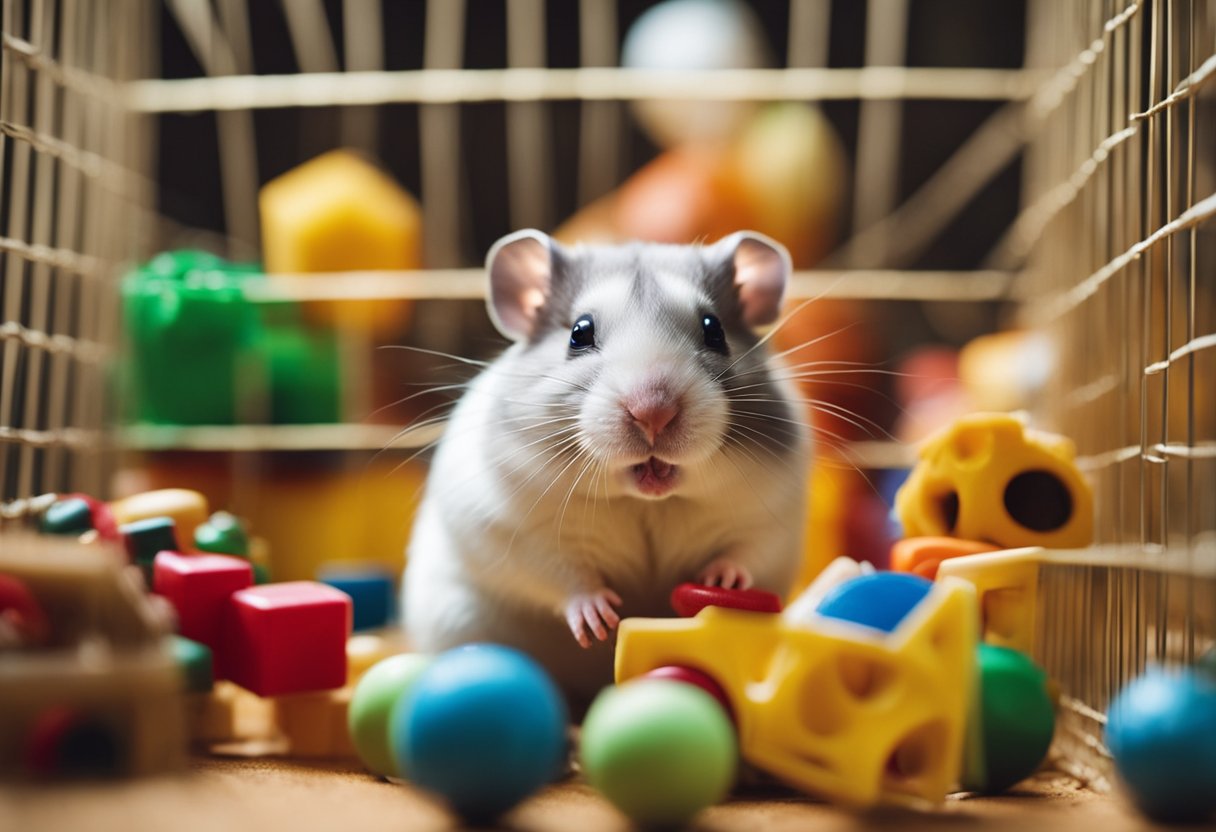 A hamster sits in its cage, surrounded by toys and a running wheel. It stuffs its cheeks with food and scurries around, showing its natural behaviors