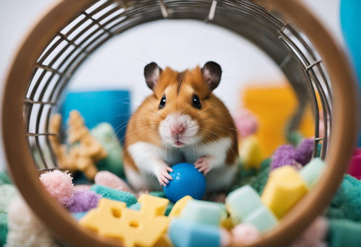 A hamster sits in a cozy, wheel-filled cage, surrounded by chew toys and a water bottle. Its cheeks are stuffed with food, and it peeks out from its nest of bedding