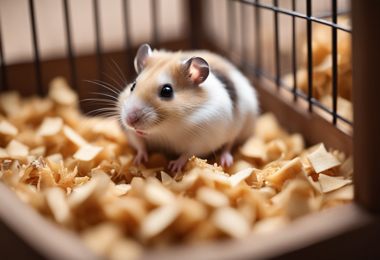 A hamster sitting in a cage with a wheel, water bottle, and food dish. A pile of wood shavings in one corner, and a small hideout or tunnel