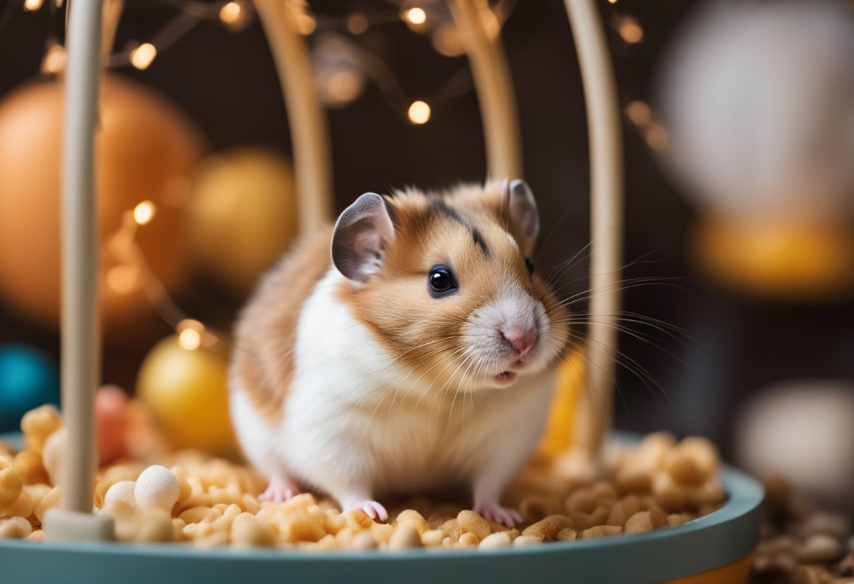 A hamster surrounded by a wheel, food, water, bedding, and toys in its cage