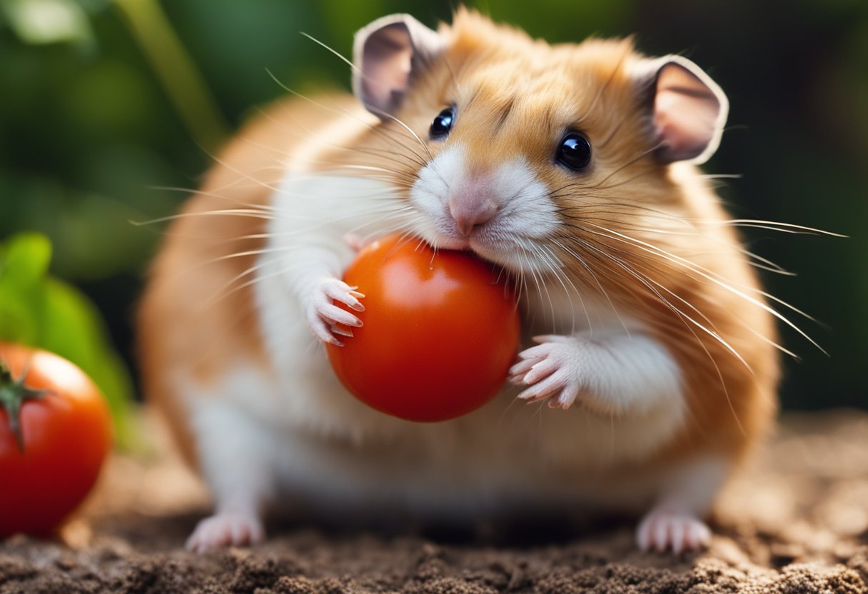 A hamster nibbles on a ripe tomato, its tiny paws holding the fruit steady as it takes a bite