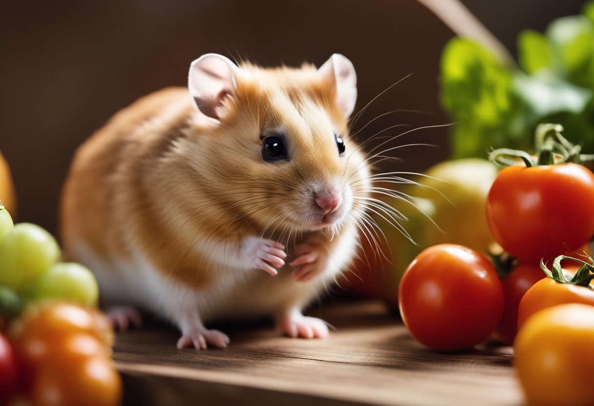 A hamster sits in its cage, surrounded by a variety of fruits and vegetables. A tomato is placed in front of the hamster, as it sniffs and nibbles on it
