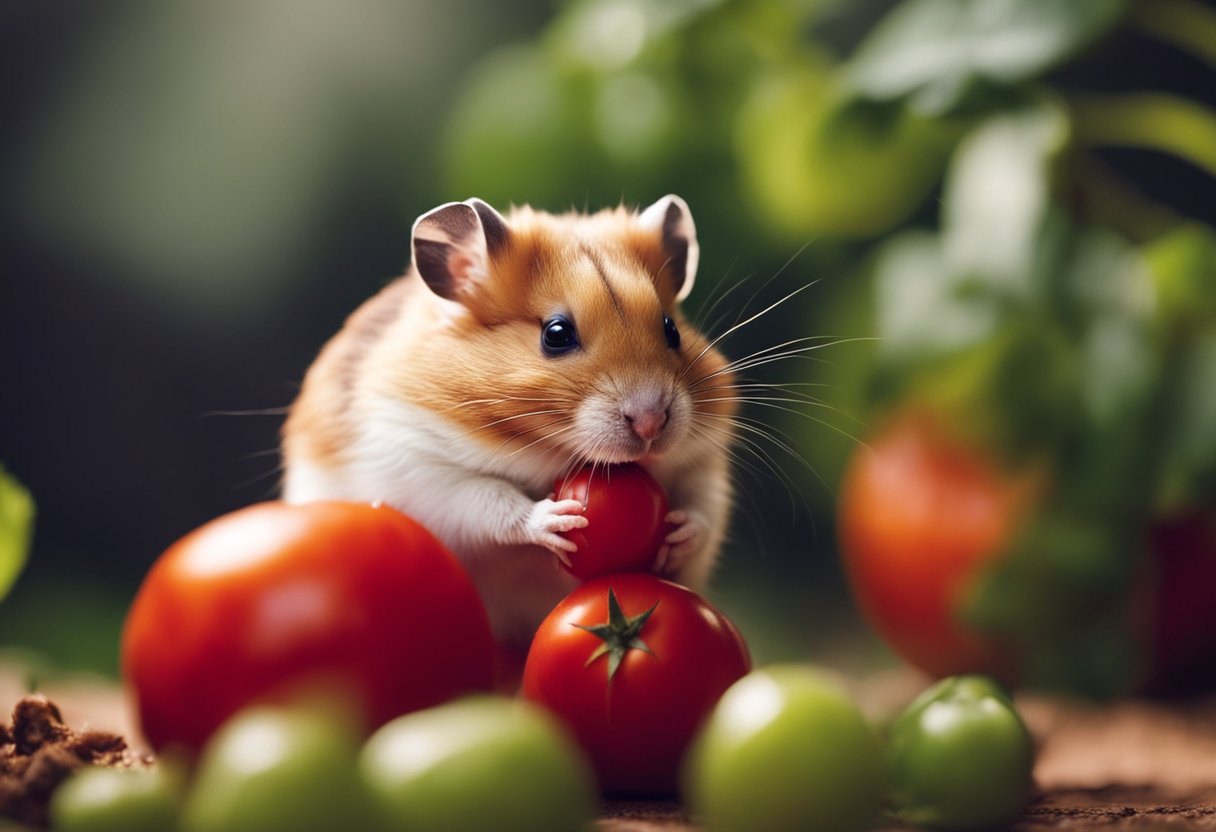 A hamster nibbles on a ripe, red tomato, its tiny paws holding the fruit steady as it takes small bites