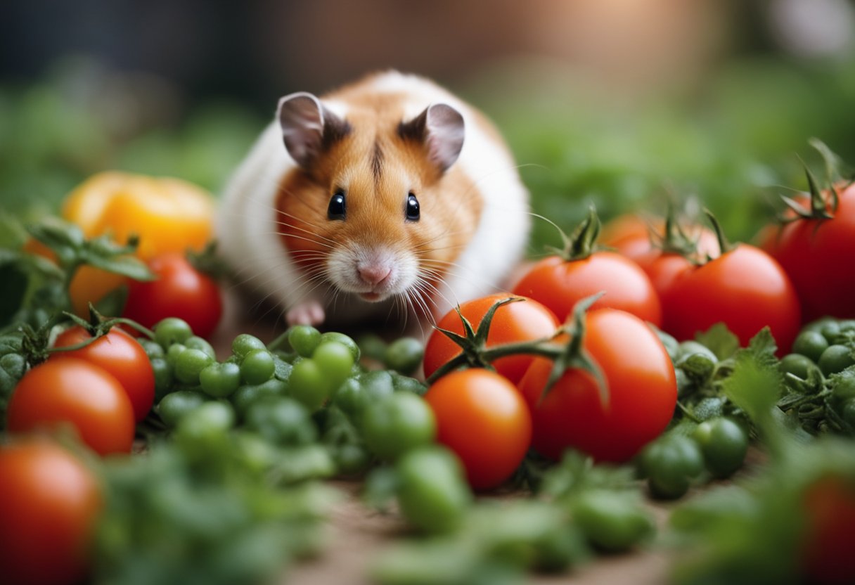 A hamster sits near a pile of fresh tomatoes, sniffing and nibbling on a slice