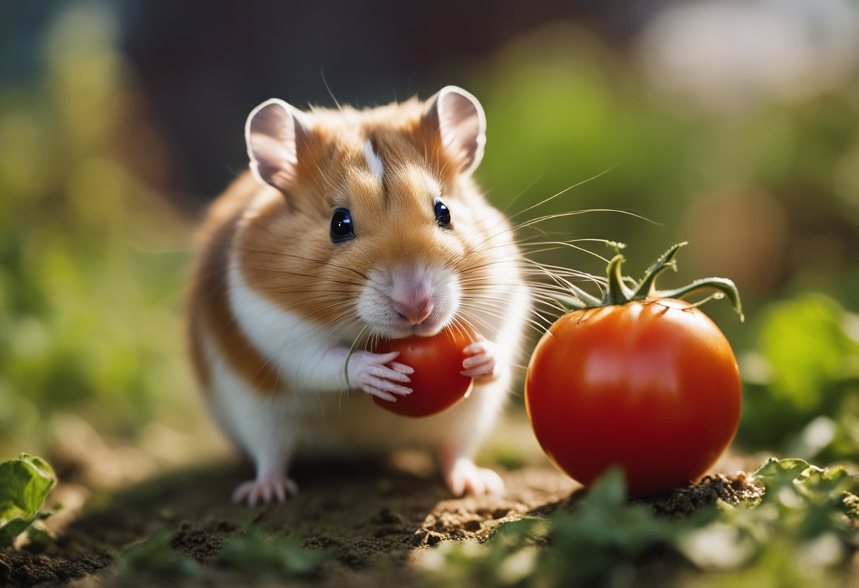 A hamster eagerly nibbles on a ripe tomato, its tiny paws holding the fruit steady as it takes a bite