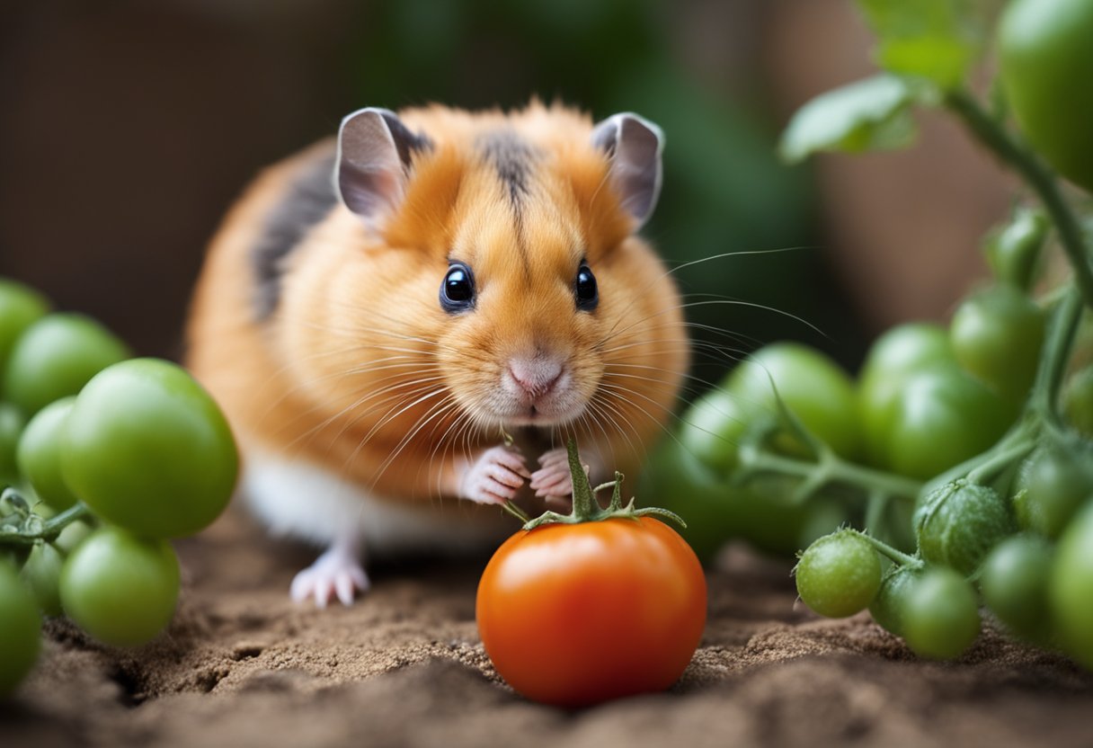 A hamster sitting next to a ripe tomato, looking curious and sniffing it with interest