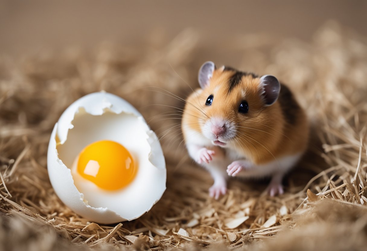 A hamster nibbles on a small, cracked eggshell, surrounded by scattered bits of yolk and white