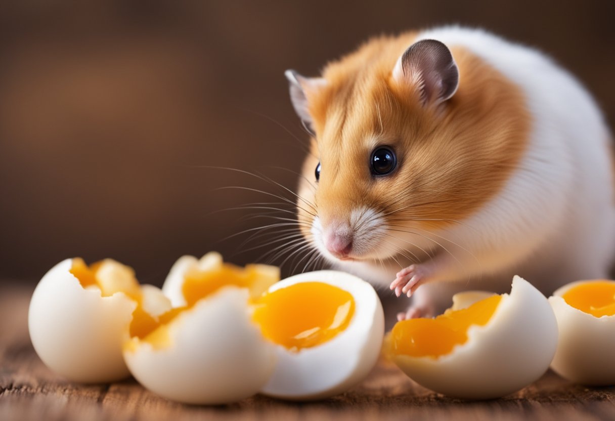 A hamster happily nibbles on a cracked open egg, showing the nutritional benefits of eggs for hamsters