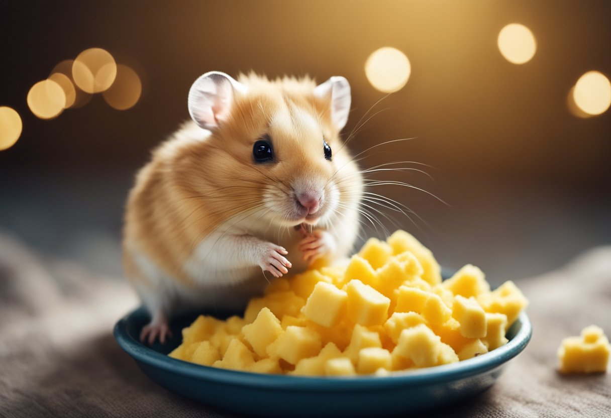 A hamster sits in a cozy cage, eagerly nibbling on a small dish of scrambled eggs. The soft yellow food contrasts with the fluffy fur of the hamster, creating a warm and inviting scene