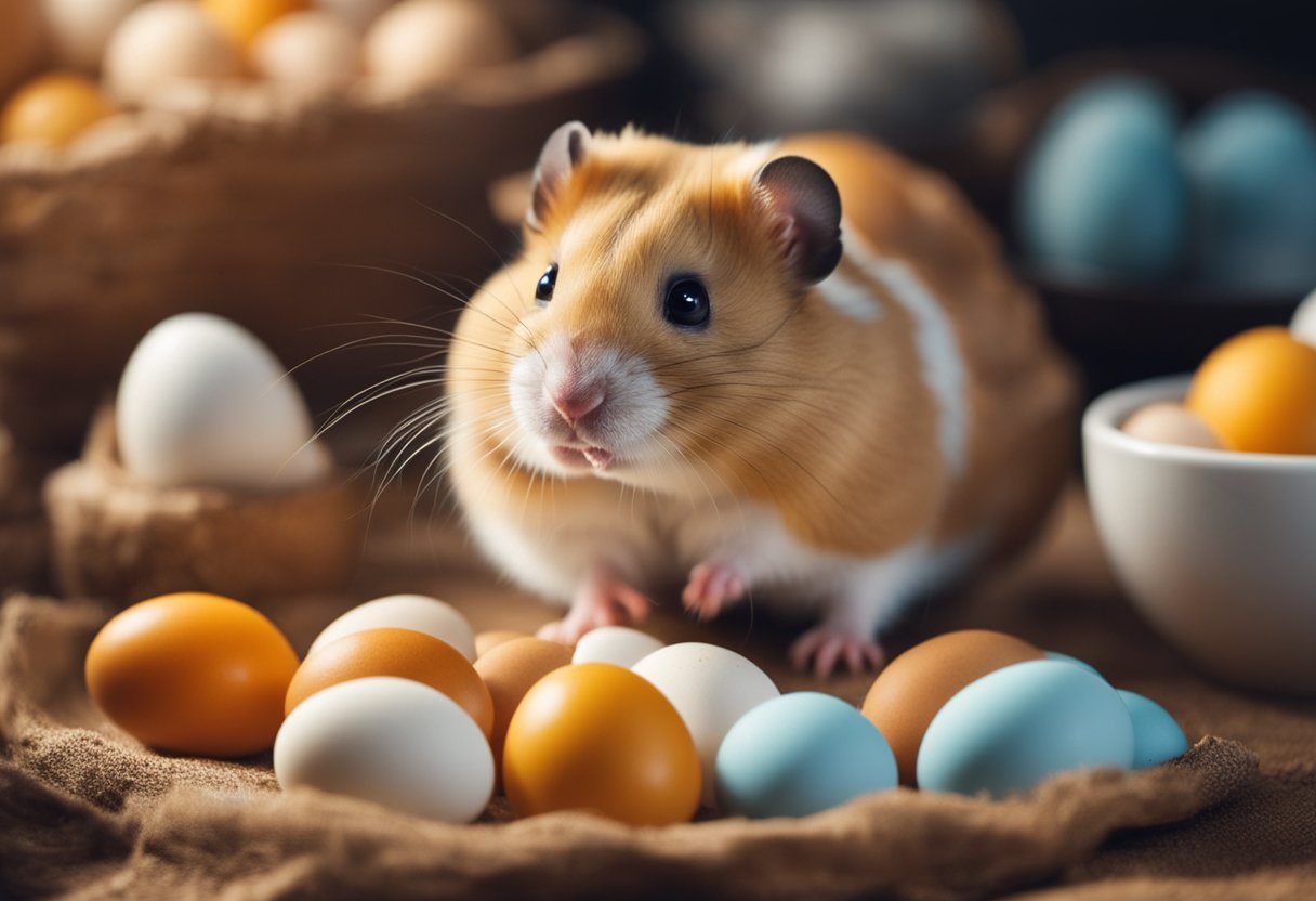 A hamster surrounded by a variety of resources, including eggs, with a curious expression on its face
