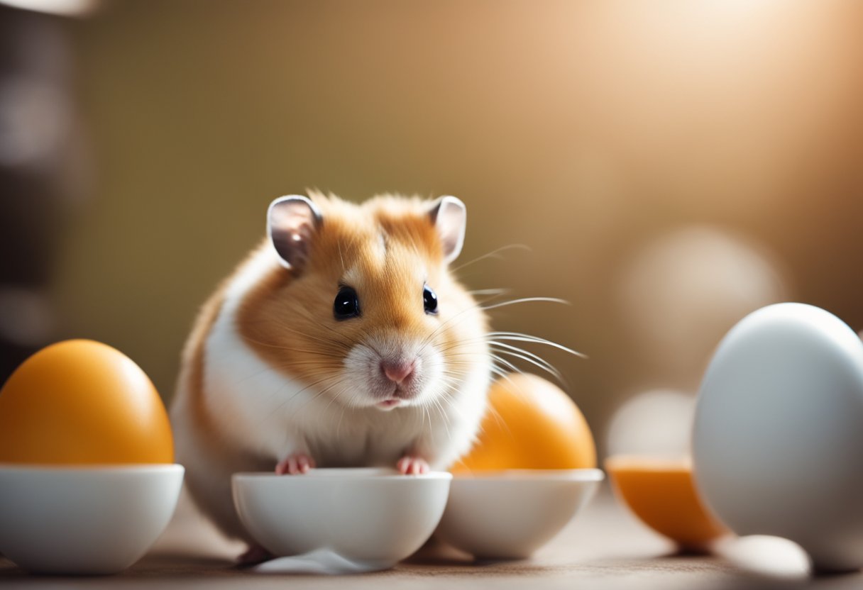 A hamster sitting in front of a bowl of eggs, looking curious and sniffing the eggs with its nose