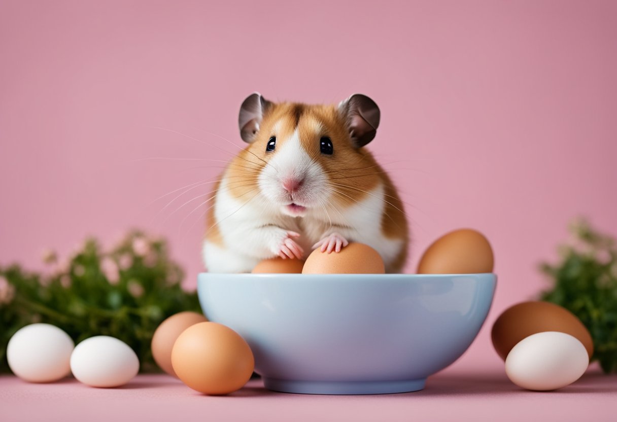 A hamster sits near a bowl of eggs, looking curious. Text reads "Frequently Asked Questions: Can hamsters eat eggs?"