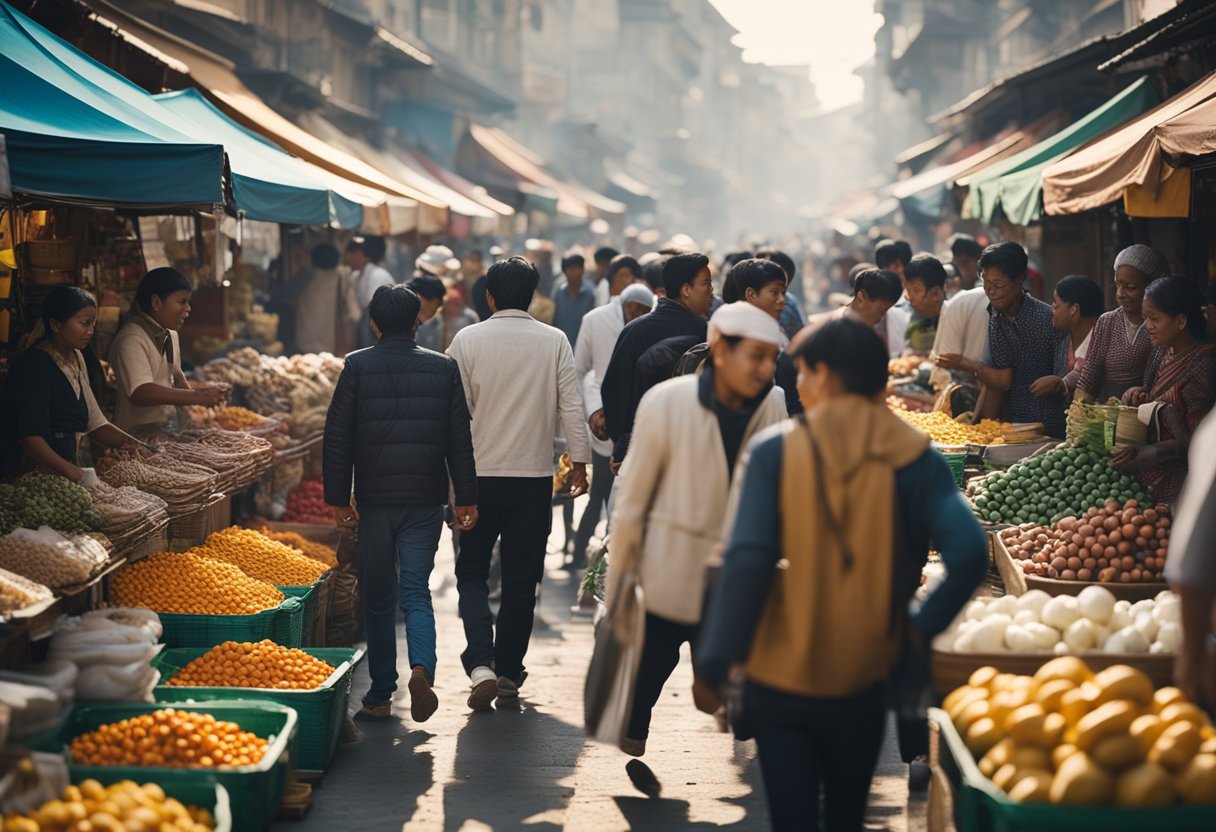 A bustling marketplace with various products displayed on colorful stalls, surrounded by eager customers and vendors exchanging money for goods