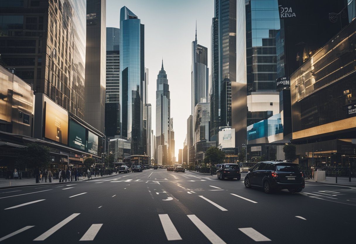 A bustling city street with skyscrapers and business signs. A chart showing rising profits. A group of entrepreneurs discussing potential cash cow business ideas