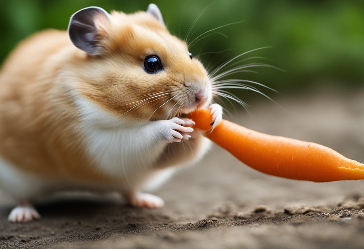 A hamster sniffs a carrot, then nibbles it cautiously