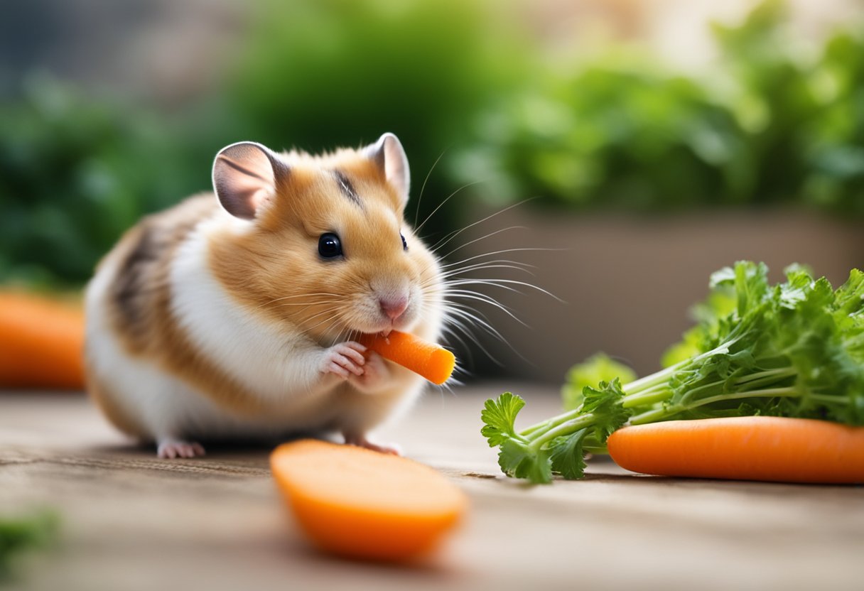 A hamster happily munches on a fresh carrot, showcasing the nutritional benefits for hamsters