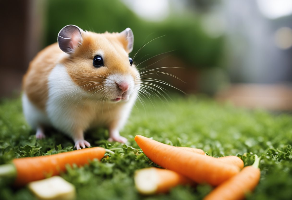 A hamster nibbles on a carrot next to a feeding guideline sign
