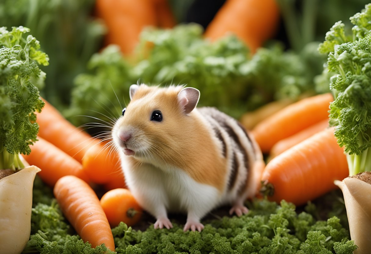 A hamster surrounded by carrots, with a question mark above its head