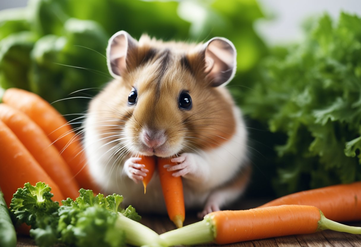 A hamster munches on a carrot, surrounded by a pile of fresh vegetables