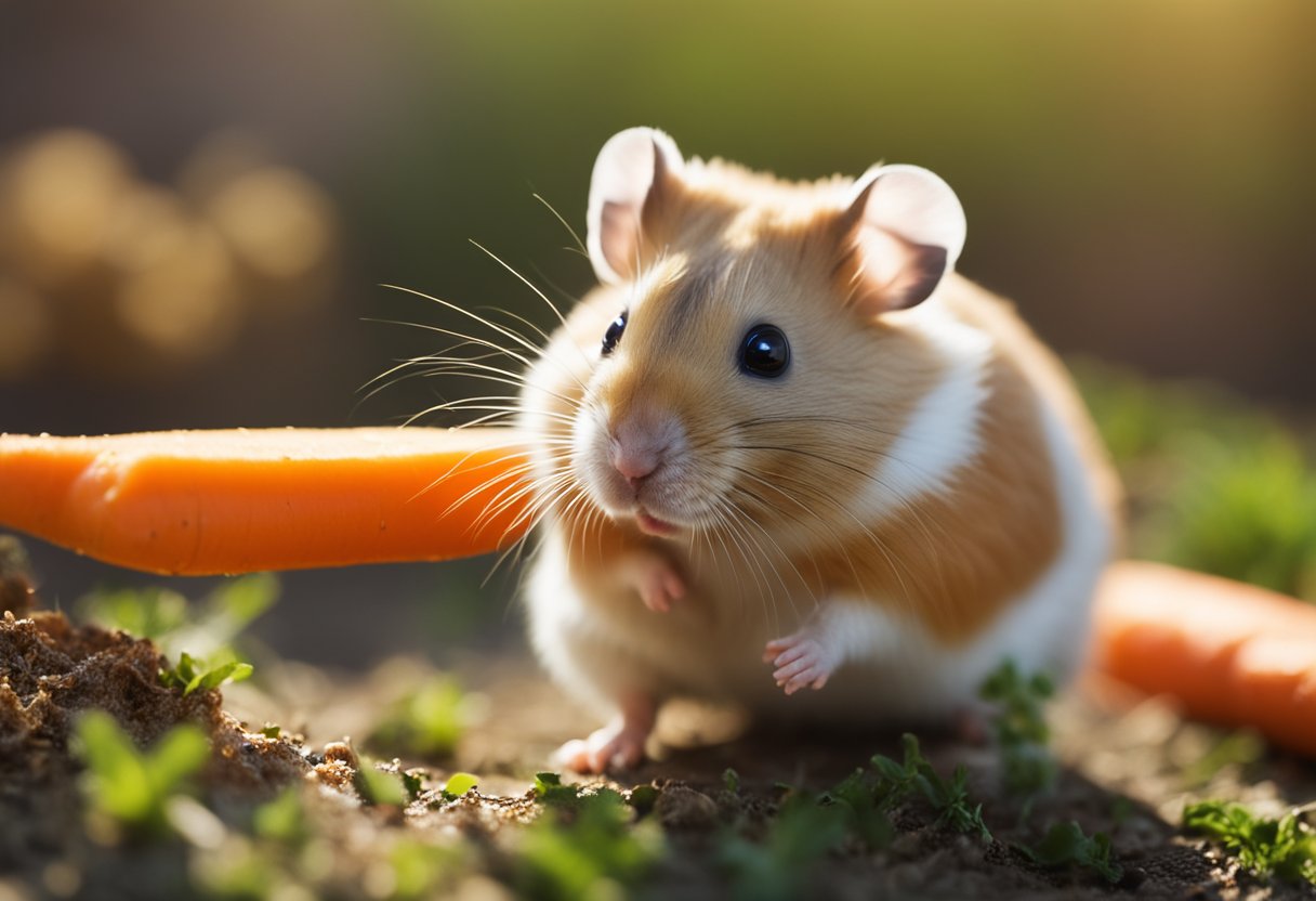 A hamster nibbles on a carrot, while a question mark hovers above its head