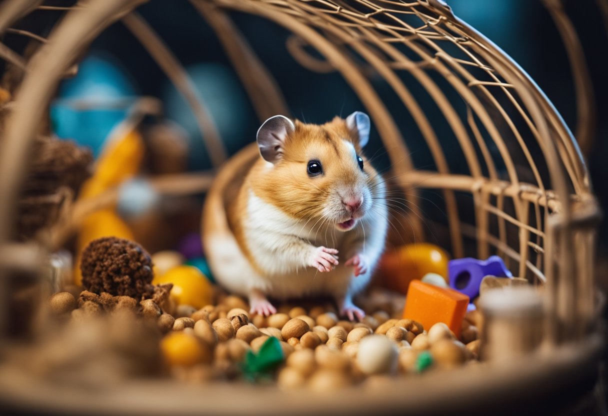 A hamster sits in its cage, surrounded by food, water, and toys, as it waits patiently for its owner's return after being left alone for 3 days