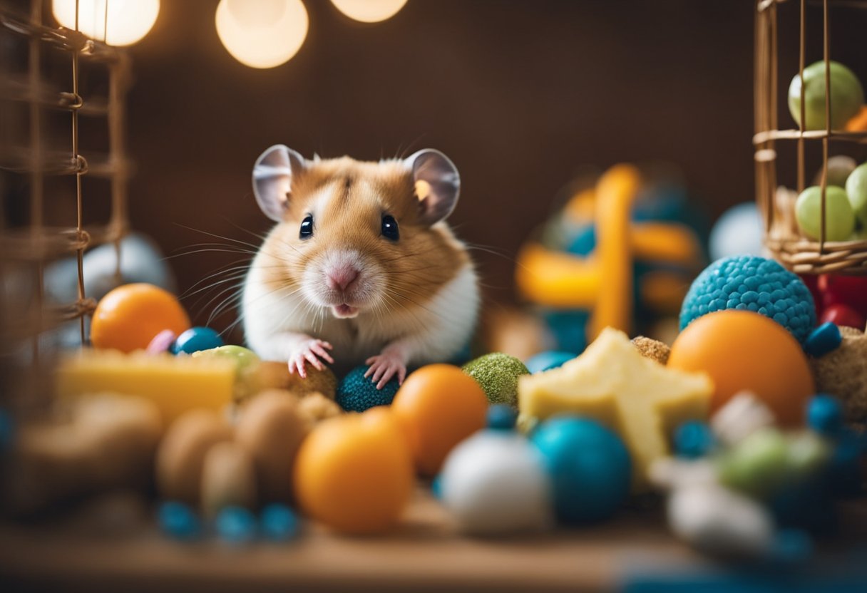 A hamster sits in its cage, surrounded by food, water, and toys. The cage is secure and comfortable, ready to be left alone for 3 days