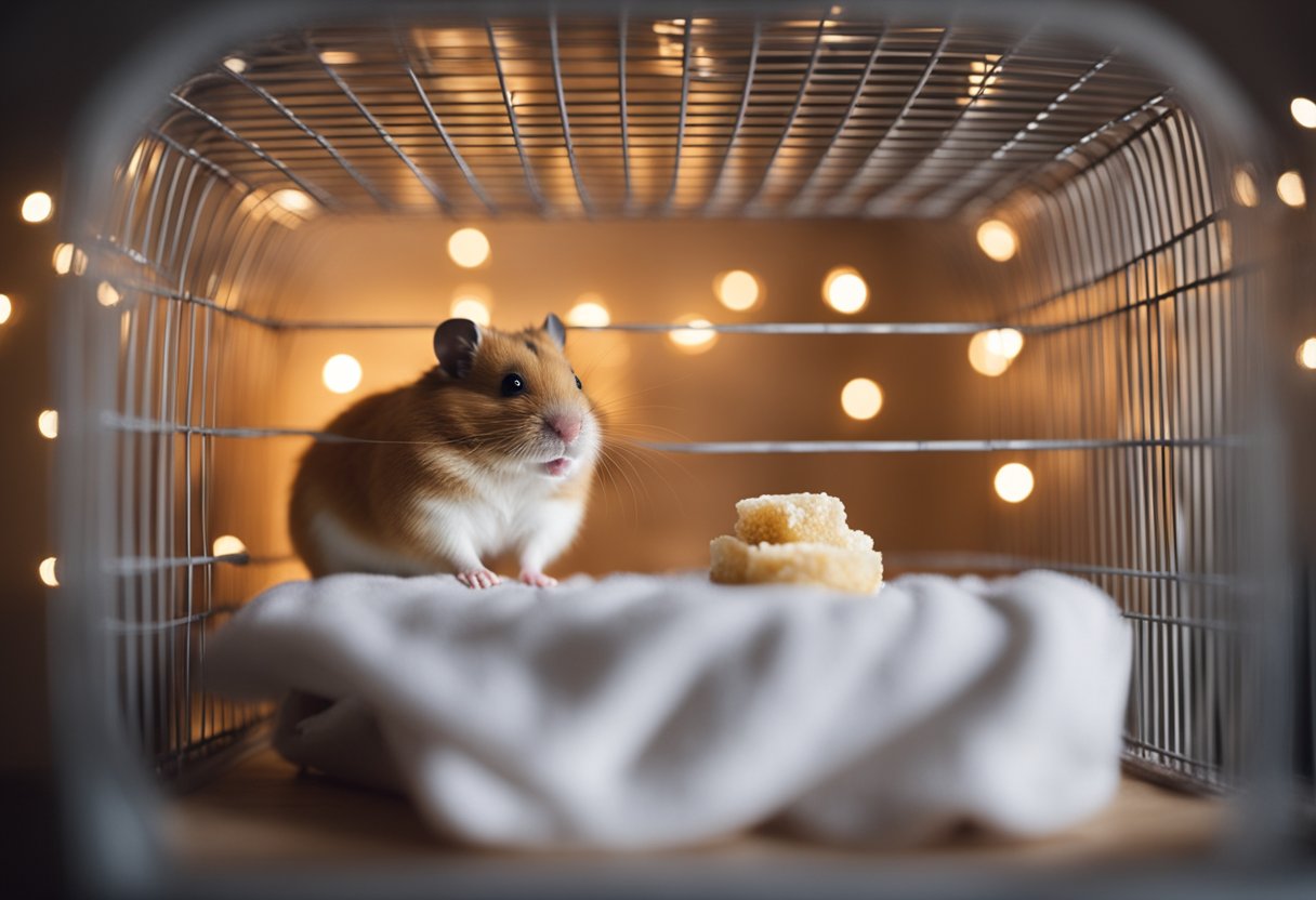 A hamster sits in a cozy cage with food, water, and bedding. The room is quiet and well-lit. A calendar on the wall shows three days passing