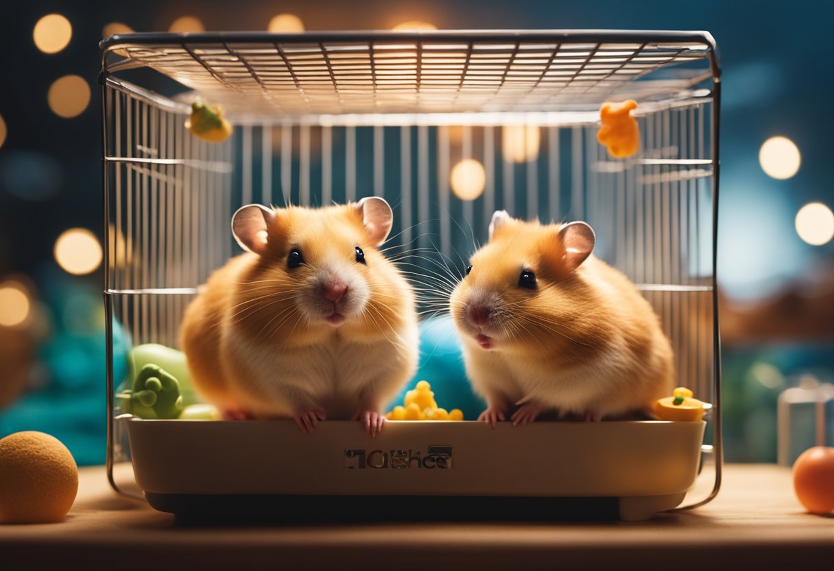 A hamster sits in its cage, surrounded by food, water, and toys, as the sun sets outside the window