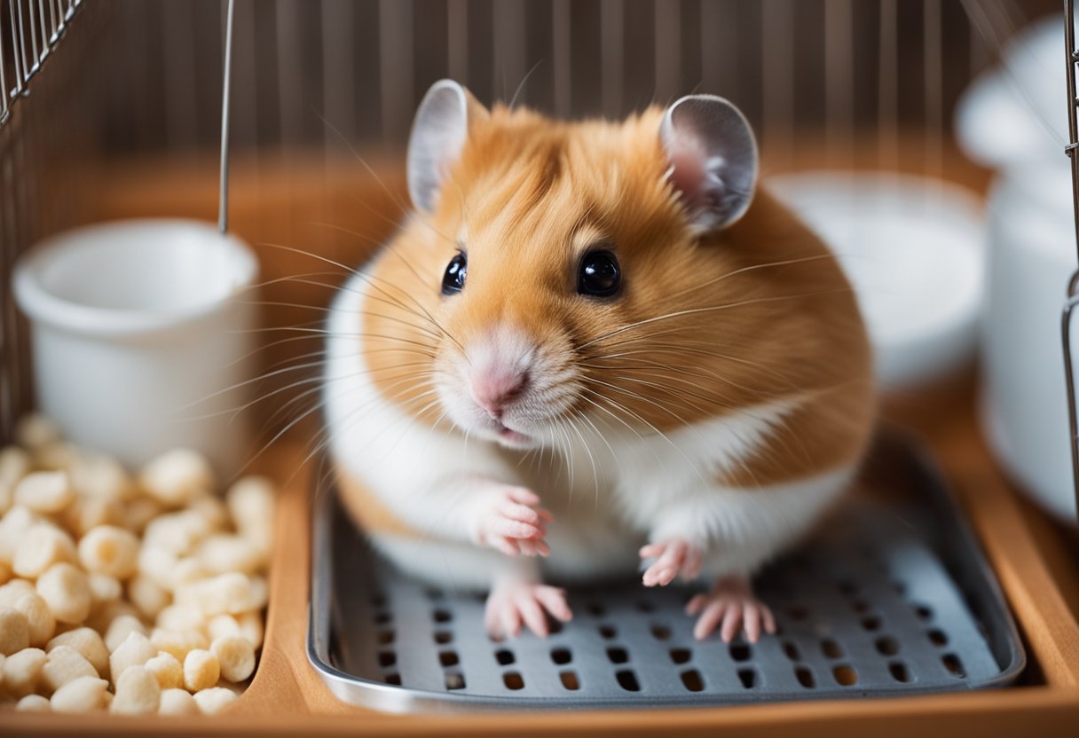 A hamster sits in a cozy cage with food and water. Its owner's note asks, "Can I leave hamster for weekend?"