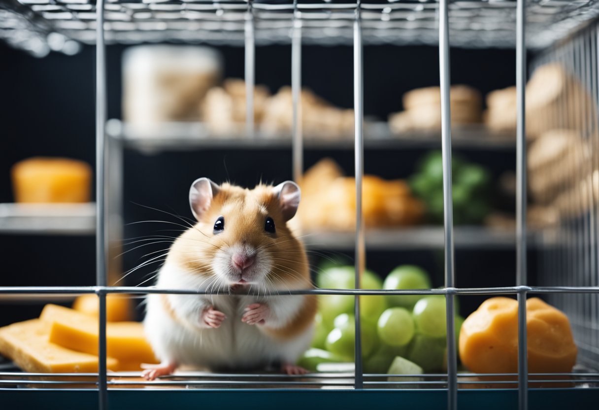 A hamster sits in its cage with a small pile of food and a water bottle, ready for a weekend away from its owner