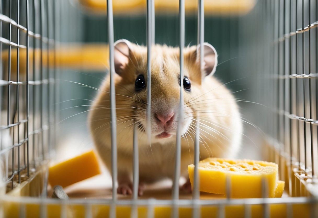 A hamster in a cage with food and water, emergency contact info visible, and a note asking about weekend care