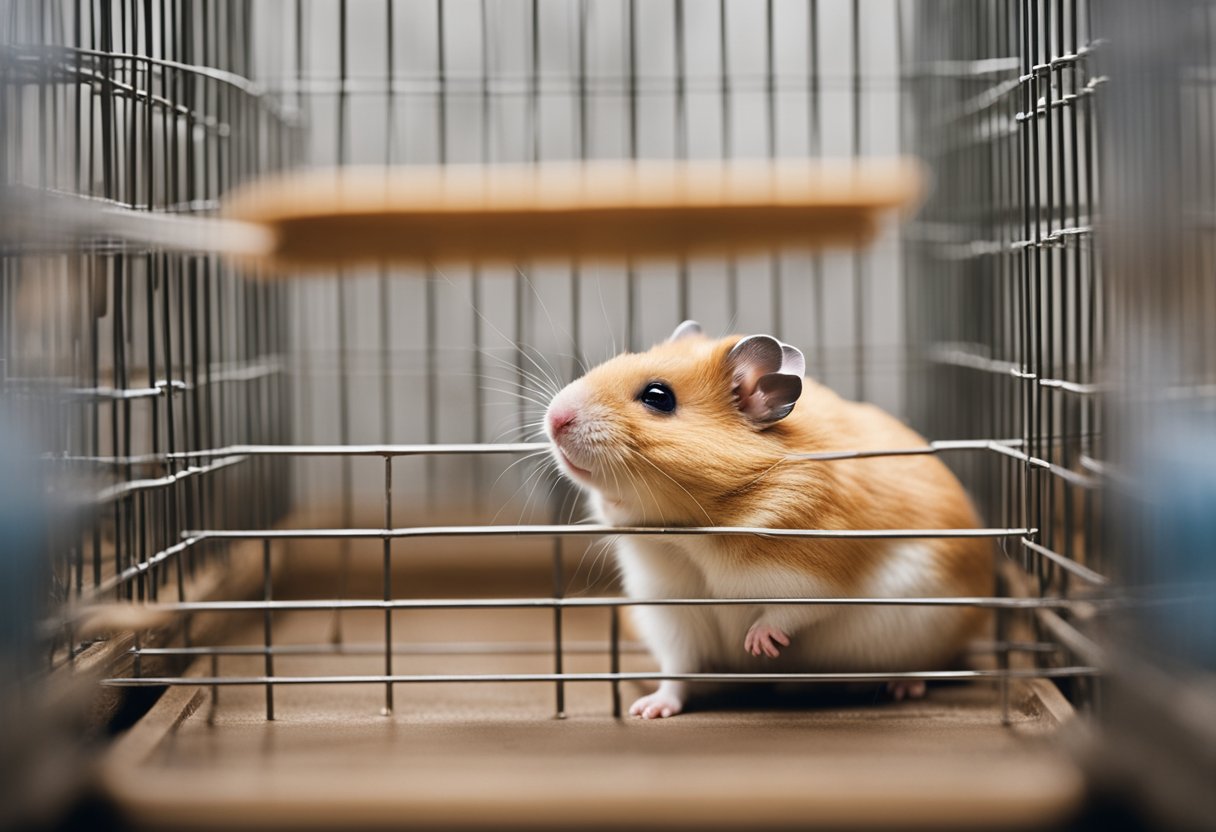 A hamster in a cage with food and water, looking up expectantly