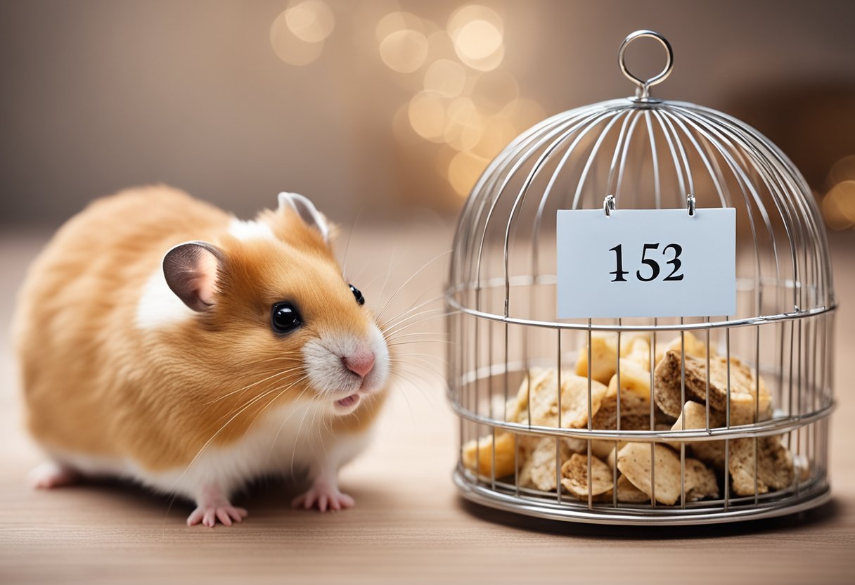 A hamster cage with food, water, and bedding, next to a calendar showing the weekend dates, with a question mark above the hamster's head