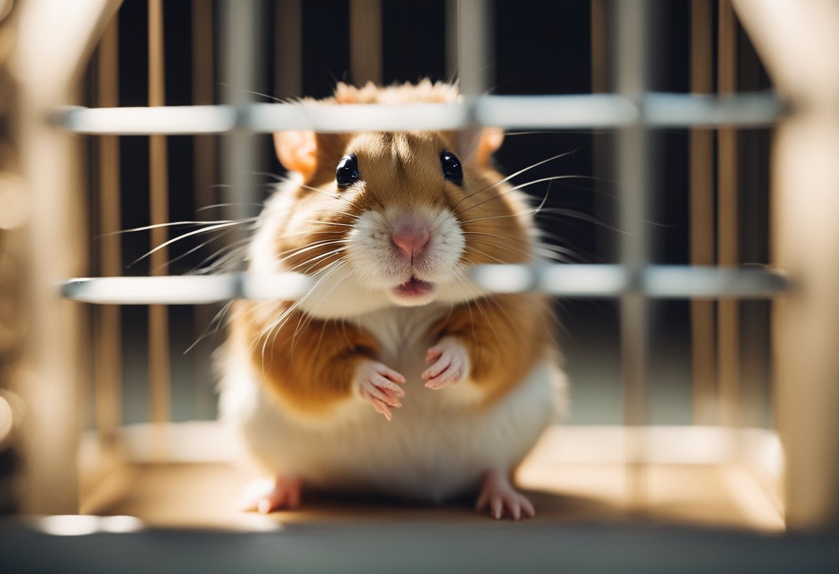 A hamster is being fed three times a day in a cozy cage with a water bottle and a food dish