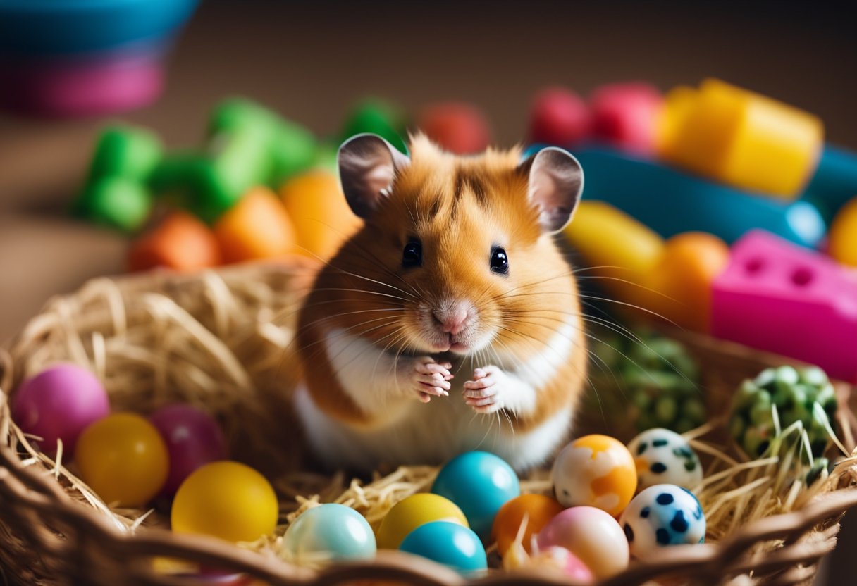 A hamster sits in a cage with a bowl of food, hay, and water. The hamster is nibbling on the food, surrounded by colorful toys