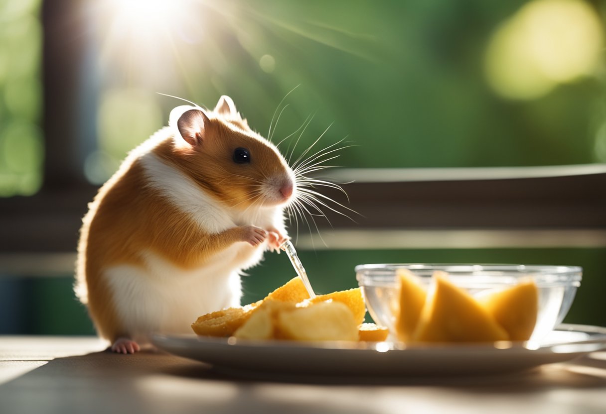 A hamster eating from a small bowl of food, with a water bottle nearby. Sunlight filters through a window, casting a gentle glow on the scene