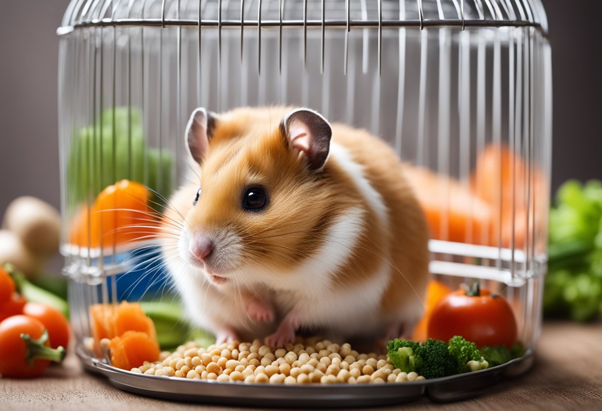 A hamster cage with a food dish filled with pellets, a water bottle, and a small pile of fresh vegetables