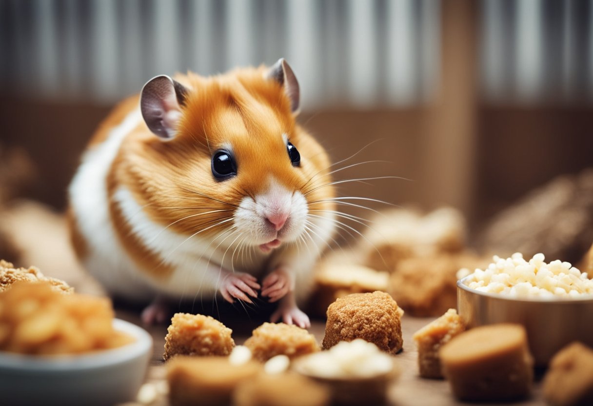 A hamster eagerly munches on food in its cage, with three separate piles of food visible nearby