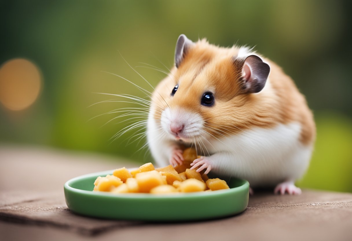 A hamster eating from a small dish of food, with a question mark above its head