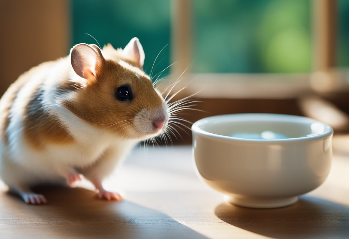 A hamster next to a small bowl of water, looking up curiously