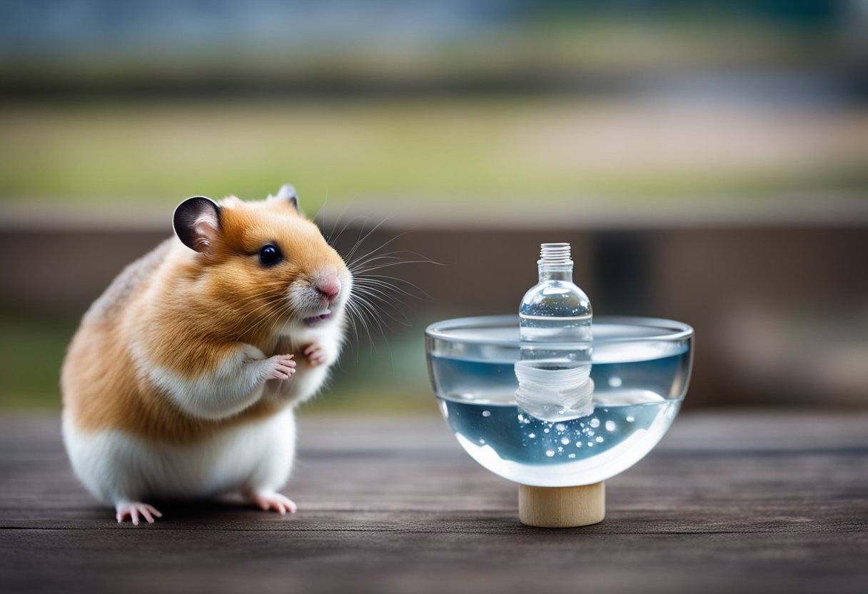 A hamster stands beside a small bowl of water, looking curious. Its water bottle hangs nearby, filled with fresh water
