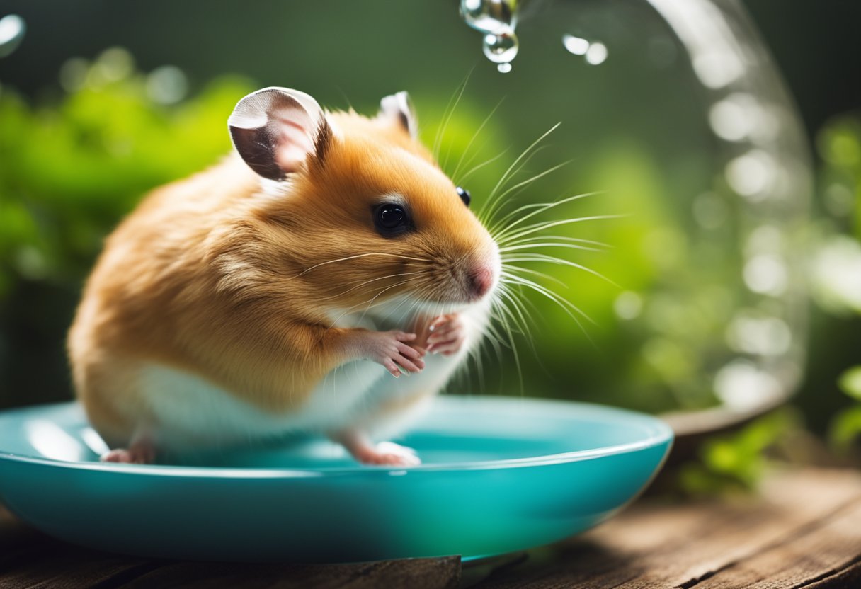 A hamster drinks from a small, shallow bowl of water placed inside its cage