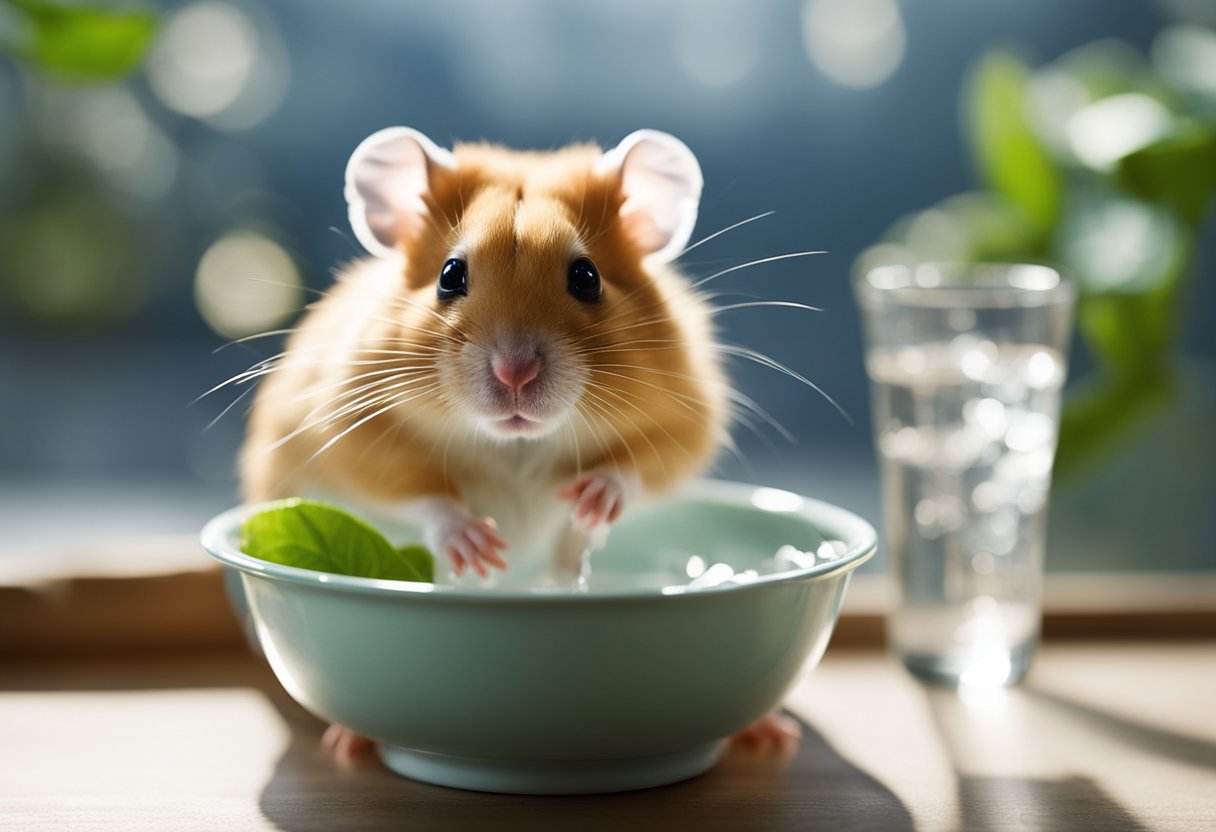 A hamster stands beside a small bowl of water, looking curious and eager to drink