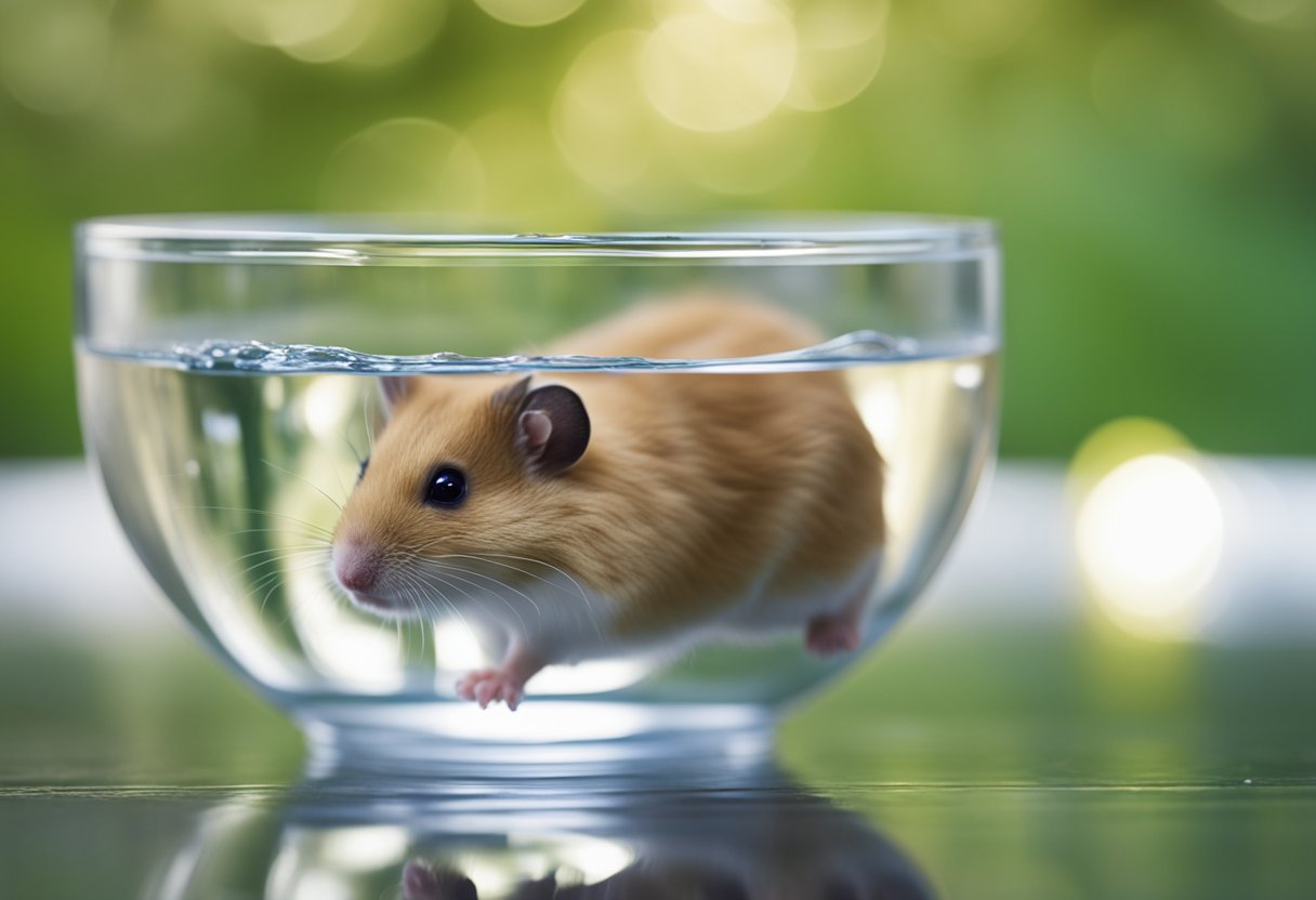 A hamster standing next to a small bowl of water, looking curious and sniffing the water