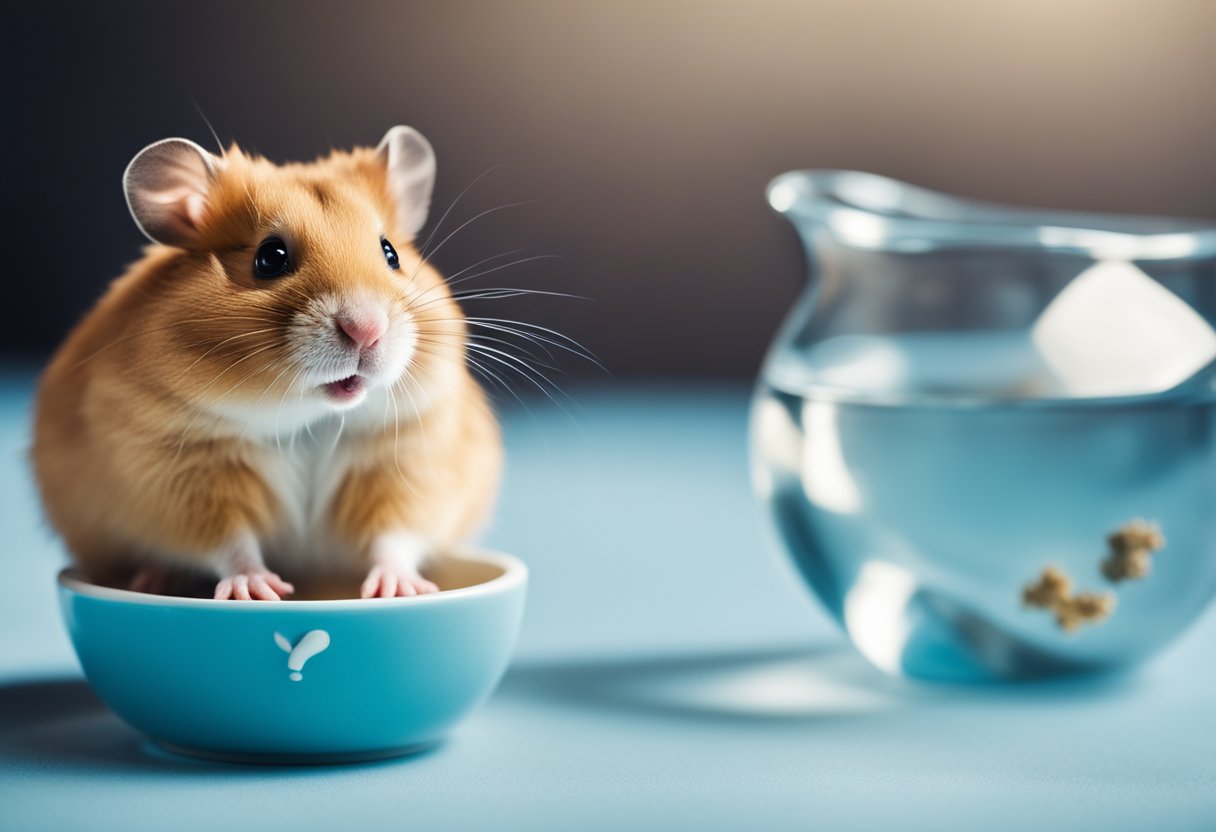 A hamster next to a small bowl of water, with a question mark above its head