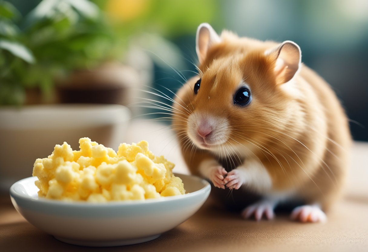 A hamster sits next to a small bowl of scrambled eggs, sniffing the air with curiosity