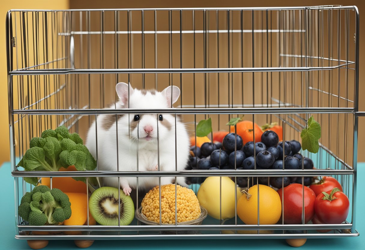 A hamster sits in a cage, surrounded by a variety of foods including fruits, vegetables, and grains. A small dish of scrambled eggs sits nearby