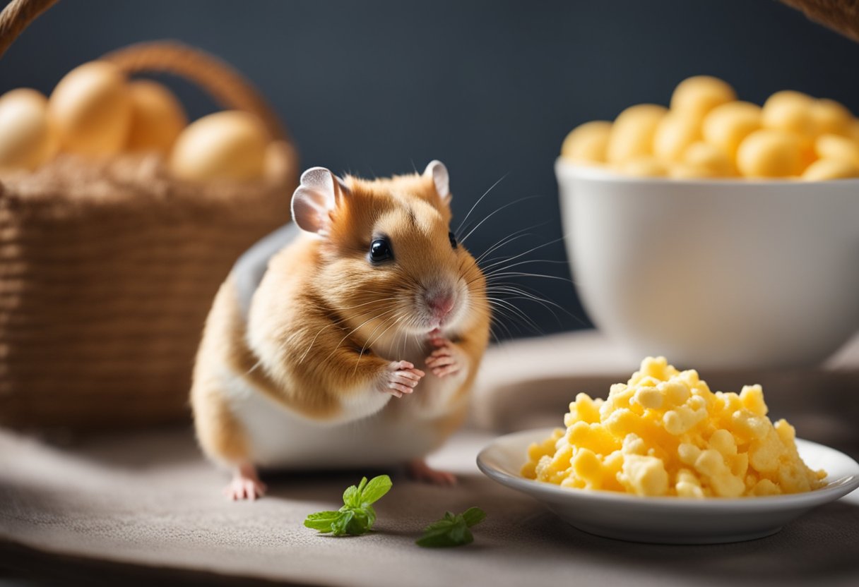 A hamster sits in a cozy cage, sniffing at a small dish of scrambled eggs. Nearby, a bag of hamster food and a water bottle